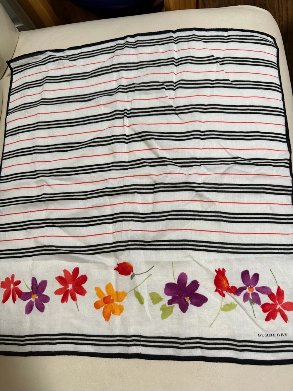 Burberry White Scarf with Black Stripes and Multicolor Floral Border